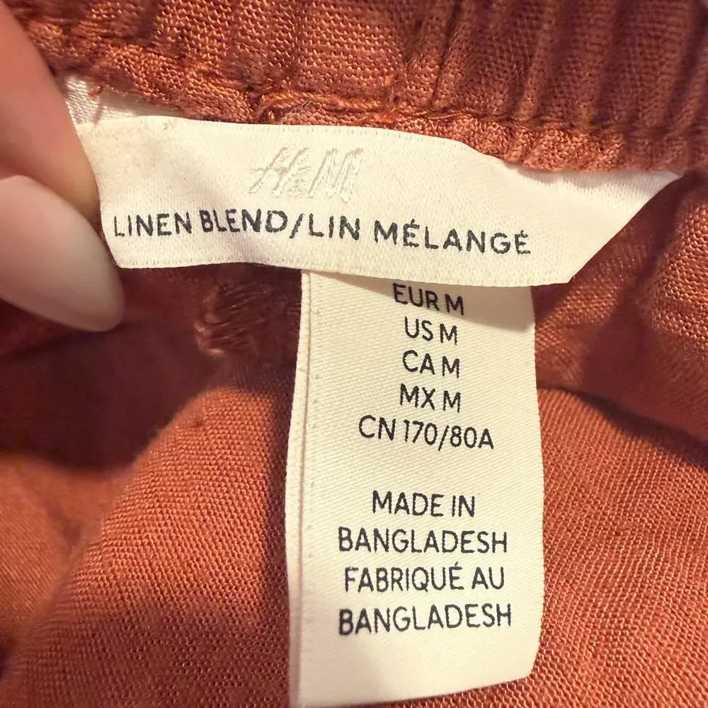 H&M Linen Blend Wide Leg Pull On Pants Rust Orange Relaxed Medium Resort Summer